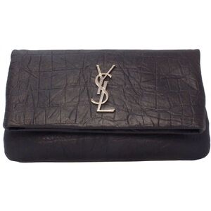 SAINT LAURENT West Hollywood Monogram Fold Over Clutch in Black.